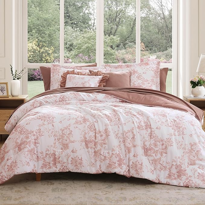 Queen Comforter Set -7 Pieces Pink Floral Comforter Set for All Seasons, Bed in a Bag Queen with Botanical Flowers Comforter, Sheets, Pillowcases & Shams