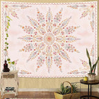 Fowocu Boho Floral Mandala Tapestry for Bedroom Aesthetic Pink Bohemian Flower Wall Tapestry Watercolor Hippie Indian Large Tapestries Wall Hanging for Living Room Dorm Decor 80 x 60 Inch