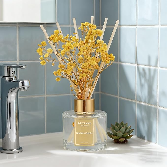 Reed Diffuser Set - 3.38 fl oz (100ml) Lemon Verbena Essential Oil with 6 Reed Sticks | Home & Bathroom Decor