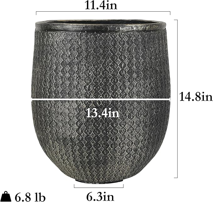 Worth Garden 12" Dia x 15" H Round Planter – Lightweight Magnesium Oxide Cement Plant Pot with Texture – Raised Pattern Concrete Look – Drainage Hole – Indoor & Outdoor Use - Black Gold