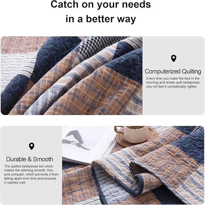 PANGUSHAN 100% Cotton Quilt Set Queen Size, Patchwork Plaid Queen Quilt Bedding Set Bedspreads, Farmhouse Lightweight Comforter Reversible Quilt, Navy/Brown/White Bed Spread for Queen Bed, 3 Pieces