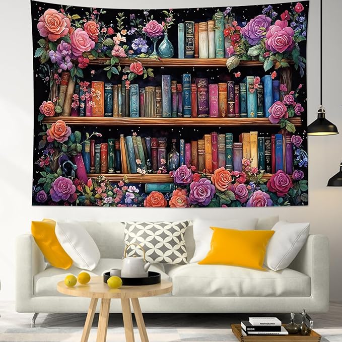 HVEST Bookshelf Tapestry Pink Floral Green Leaf Watercolor Plant Botanical Aesthetic Tapestry Wall Hanging Vintage Library Book Wall Decor for Bedroom Living Room Dorm, 40L x 60W Inches