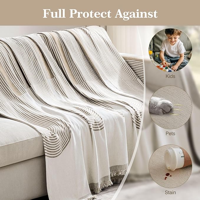 Couch Cover Boho for Dogs Washable Mocha Couch Covers for 2 Cushion Couch, Chenille Sectional Couch Covers L Shape Sofa Cover, Furniture Protector for Kids, Pets, Mocha 71" X134"