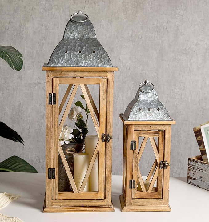 Large Farmhouse Wooden Metal Lantern Set of 2, Rustic Decorative Floor Candle Lanterns, Indoor/Outdoor Hanging Lanterns for Home Decor (No Glass)