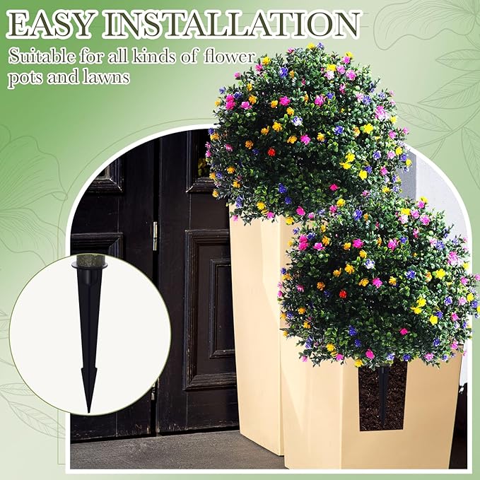 Yunlly Set of 2 Artificial Boxwood Topiary Ball Tree Fake Bushes Shrubs Outdoor Faux Plant with Ground Spike Flowers UV Resistance Greenery for Front Porch Garden Patio Indoor(Multicolor,27x18inch)