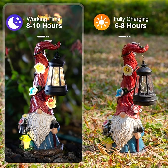 TIJNN Solar Garden Gnome Statue with Lantern, Dwarf Gardener Outdoor Decor for Patio, Yard, Porch Garden Gifts