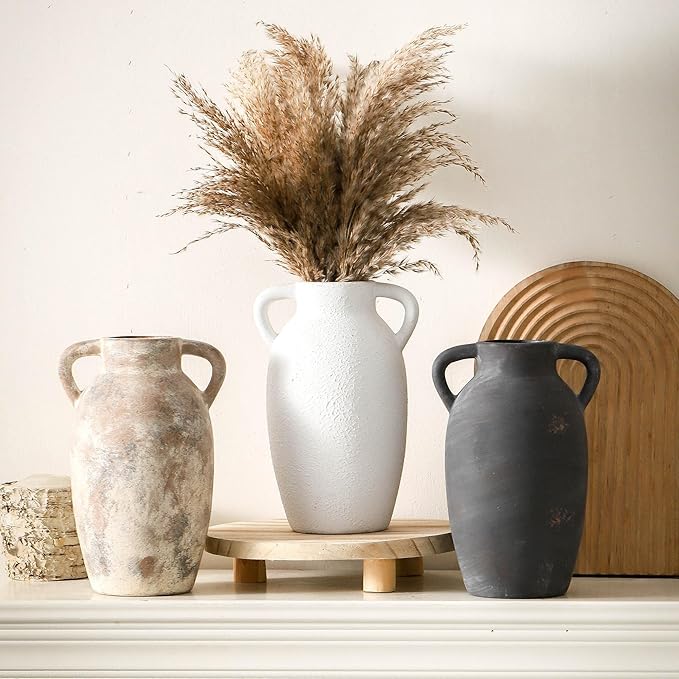 Terracotta Farmhouse Flower Vase, 9.6 Inch Ceramic Rustic Vase with 2 Handles, Decorative Vase Boho Decor for Home Decor, Table, Living Room, Shelf Decoration