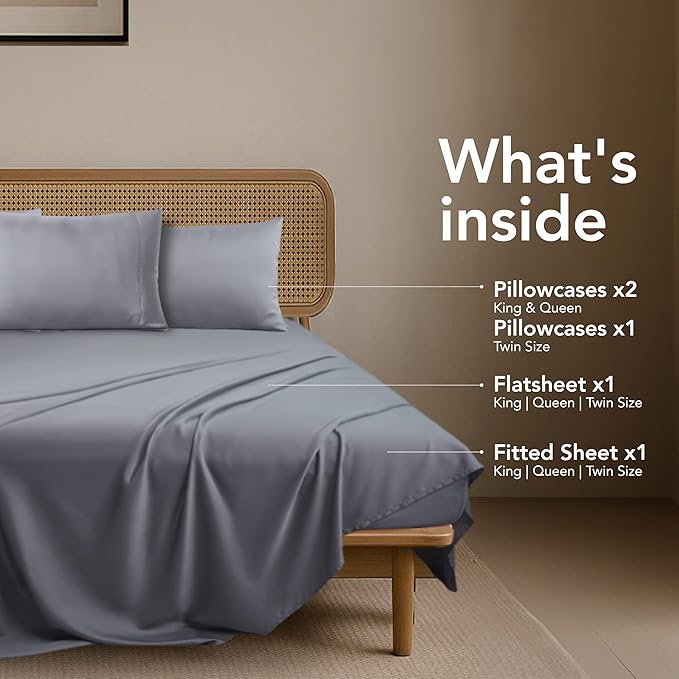 Epitex Solid 4 Piece King Sheet Set - Viscose Derived from Bamboo, 1400 Thread Count, Breathable and Cooling Bed Sheets Set, Luxurious Bedding for Hot Sleeper, Deep Pocket up to 16'', Light Grey