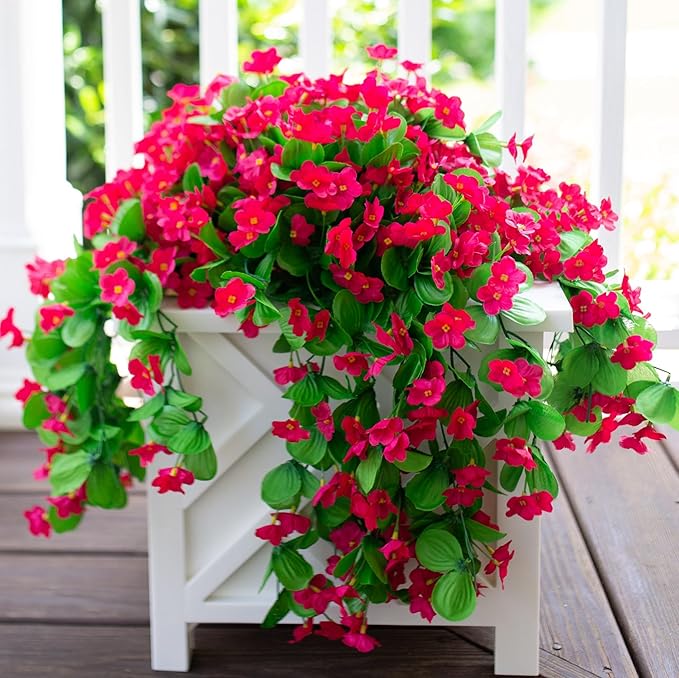Artificial Faux Hanging Flowers Plants for Outdoor Outside Fall Decoration, 2 PCS Fake Silk Hotpink Daisy Mums Long Vines UV Resistant Realistic for Home Porch Patio Balcony Window Planter Pot