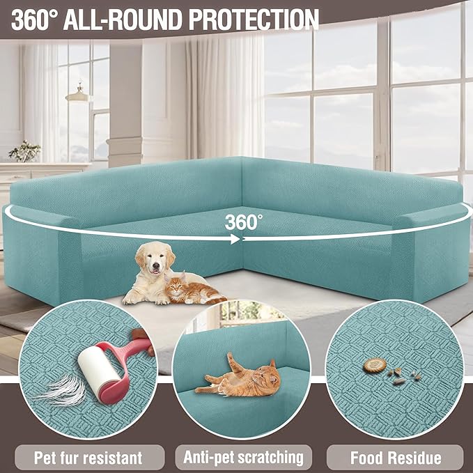 HDCAXKJ Sectional Couch Cover L Shape Stretch Sofa Covers Washable Jacquard Corner Couch Slipcover Non Slip Sectional Slip Cover U Shaped Furniture Protector for Pets Dogs (Cyan, Medium)