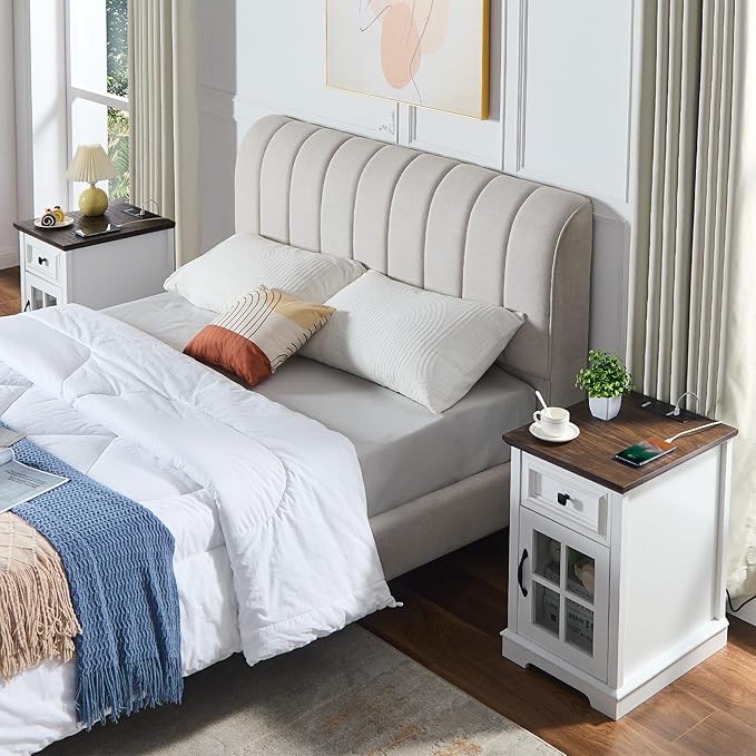 Farmhouse XXL End Table with Charging Station, Side Table with USB Ports and Outlets, Nightstand with Drawer and Glass Door Storage, White Bedside Tables for Living Room, Bedroom, Office