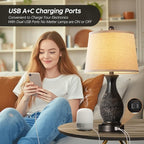 PARTPHONER Table Lamps Set of 2, Bedside Touch Lamp with USB C+A Charging Ports, Side Table Lamp with Linen Fabric Shade (LED Bulbs Included), Black with Gold Accents