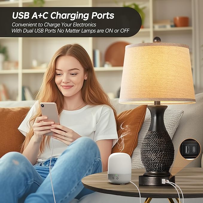 PARTPHONER Table Lamps Set of 2, Bedside Touch Lamp with USB C+A Charging Ports, Side Table Lamp with Linen Fabric Shade (LED Bulbs Included), Black with Gold Accents