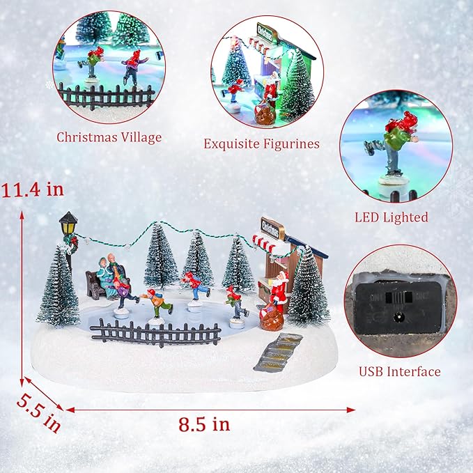 VCUTEKA Christmas Village Houses, Santa Claus with Tree and Rotating Kids Skating Lighted Musical Christmas Village Collectible Building for Xmas Indoor Decorations or Holiday Table Displays