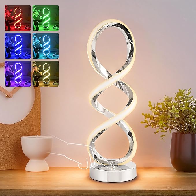 Modern Spiral RGB Table Lamp, Touch Dimmable Bedside Lamp, 7 Colors 10 Light Modes Spiral Design Table Lamp, Unique Nightstand Lamp for Living Room, Bedroom, Cool Lamps, Sliver