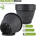 4 Pack 12 Inch Large Flower Pots for Outdoor Indoor, Plastic Plant Pots with Drainage Hole & Saucer, Modern Decorative Garden Pot, Imitation Magnolia Pots for Garden House Planters（Gray）