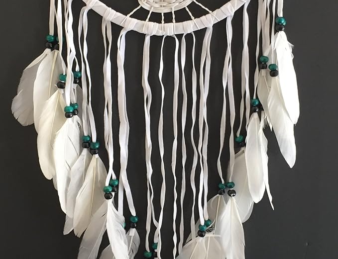 OMA Dream Catcher, Tree of Life Design with Feathers and Beads, White Suede Authentic Traditional Dream Catcher Boho Home Decor Bedroom Decoration Gift - Large Size - 36" Long x 11" Diameter (Green)
