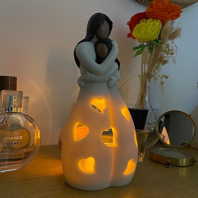 OakiWay Mother-Daughter Love Candle Holder Statue with Flickering LED Candle | Hand-Painted (Dark) - Unique Gifts for Mother's Day, Christmas, Birthday | Greeting Card Included
