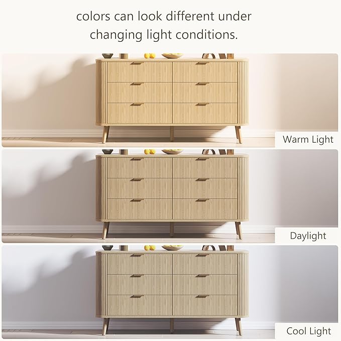 Alohappy Fluted 6 Drawer Dresser with Charging, 57" Wide Wood Dresser TV Stand, Mid Century Modern Long Dressers with Curved Profile Design for Closet (Natural Oak, 17.7" D x 57" W x 31.5" H)