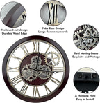 The B-Style Large Wall Clock 24 inch Moving Gear Wall Clock Oversized Vintage Farmhouse Wall Clocks for Living Room Decor Rustic Industrial Wood Clock (Cherry red and Bronze)