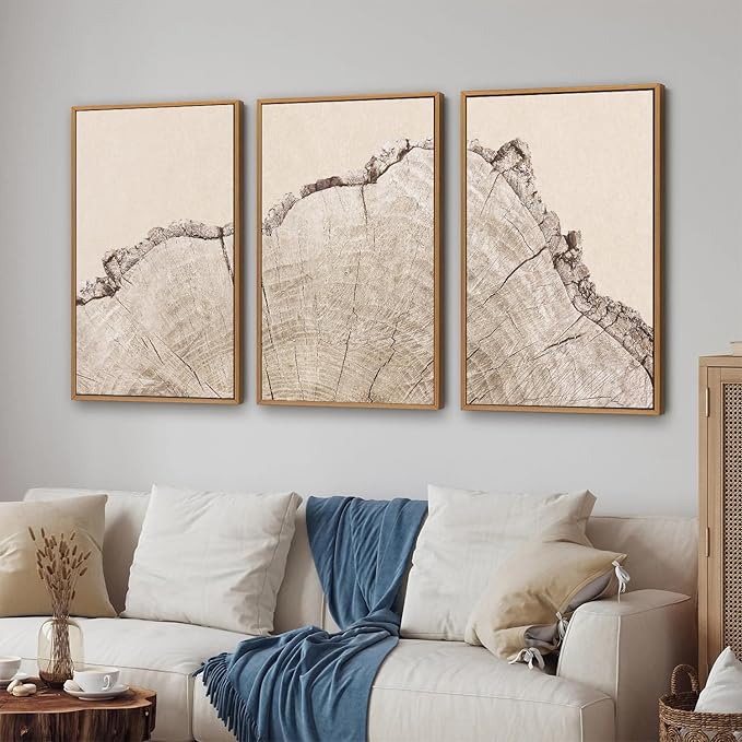 SIGNINART Large Tree Ring Framed Canvas Wall Art Set, Rustic Beige Wooden Wall Decor, Neutral Nature Wood Stump Artwork, Modern Art Prints for Bedroom Living Room Office 24"x36"x3