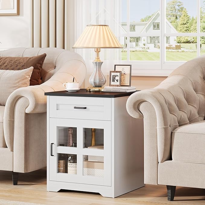 Farmhouse End Table Set of 2 with Drawer, 18" Large Side Table with Storage Cabinet and Acrylic Door, Wood Nightstand Bedside Table for Living Room, Bedroom, White