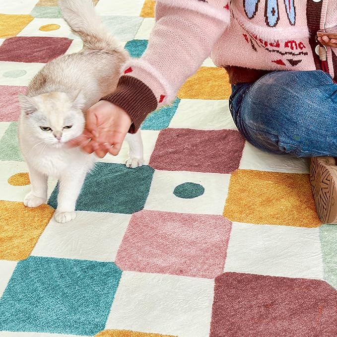 jinchan Round Rug 5ft Kids Washable Rug Indoor Floor Cover Non-Slip Soft Elementary School Classroom Modern Colorful Diamond Carpet for Nursery Daycare Bedroom Playroom Living Room Confetti on Cream