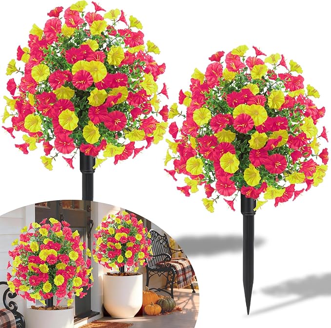 22.8" Set of 2 Fall artificial Boxwood topiary Ball tree for outdoors with Spike,UV Resistant Faux Shrubs Outdoor with morning glory flowers,Faux Plants Bushes for Garden Porch Yard Patio Decor YR