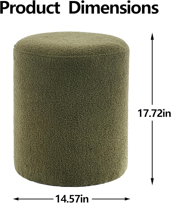 Modern Round Ottoman, Classic Foot Stool Ottoman, Teddy Fleece Upholstered Vanity Stool for Makeup, Bedroom, Living Room, Dark Green