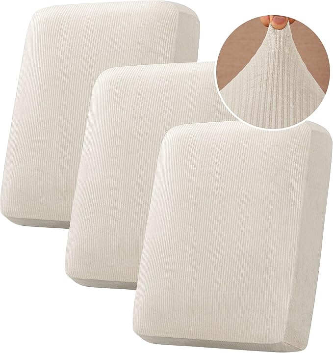 H.VERSAILTEX Velvet Stretch Couch Cushion Cover Plush Cushion Slipcover for Chair Loveseat Sofa Cushion Furniture Protector Seat Cushion Sofa Cover (3 Piece Sofa Cushion Covers, Ivory Striped)