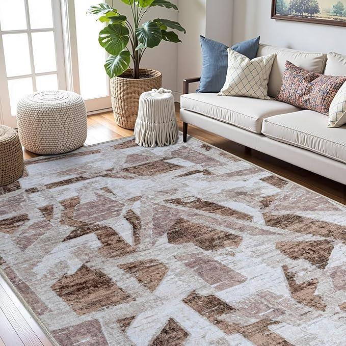 Modern Abstract 5X7 Area Rug for Living Room Bedroom Washable, with Non-Slip Rubber Backing Print Faux Wool Thin, Brown Throw Large Carpet for Kids Playroom Dining Room Pet & Child Friendly