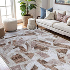 Modern Abstract 5X7 Area Rug for Living Room Bedroom Washable, with Non-Slip Rubber Backing Print Faux Wool Thin, Brown Throw Large Carpet for Kids Playroom Dining Room Pet & Child Friendly