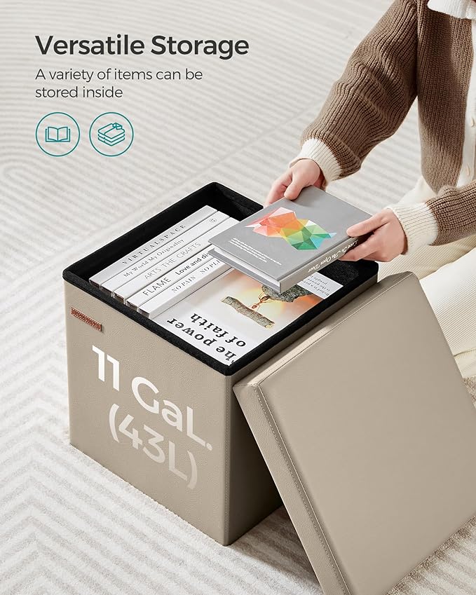 SONGMICS Mazie Collection - 15 Inches Ottoman with Storage, Footstool, Storage Ottoman, Load 660 lb, for Dorm, Living Room, Bedroom, Synthetic Leather, Camel Brown ULSF010K03