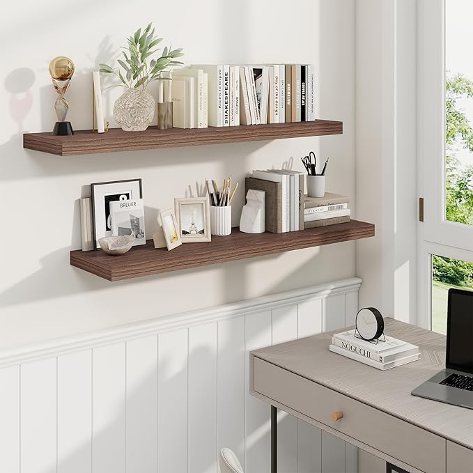 Fun Memories 40" Rustic Wood Floating Shelves with Invisible Brackets for Storage & Decor, Deep Wall Mounted Shelves for Bathroom, Kitchen, Living Room (Walnut, Set of 2)
