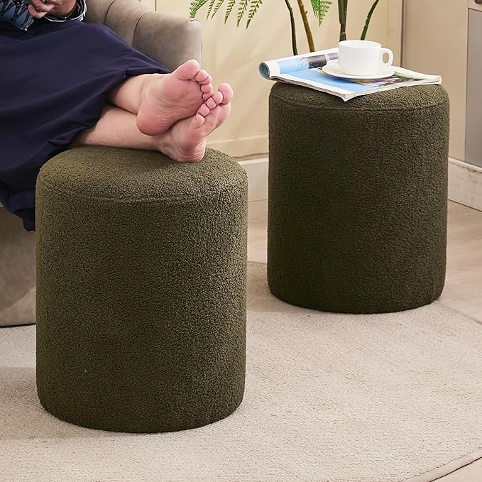 Modern Round Ottoman, Classic Foot Stool Ottoman, Teddy Fleece Upholstered Vanity Stool for Makeup, Bedroom, Living Room, Dark Green