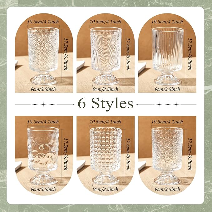 6 Pcs (H:7" W:4") Embossed Flower Vase Fall Pedestal Glass Vase Big Base Thickened Crystal Vintage Vases for Autumn Wedding Home Decor Table Centerpiece House Warming Gifts(Clear)