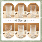 6 Pcs (H:7" W:4") Embossed Flower Vase Fall Pedestal Glass Vase Big Base Thickened Crystal Vintage Vases for Autumn Wedding Home Decor Table Centerpiece House Warming Gifts(Clear)