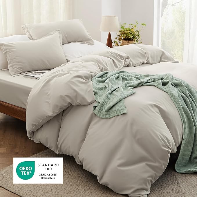 Bedsure California King Size Duvet Cover with Fitted Sheet - 4 Pieces Prewashed Cotton-Like Extra Soft Bedding Set, Includes 1 Duvet Cover 104x98 Inches, 2 Pillow Shams, 1 Fitted Sheet, Linen