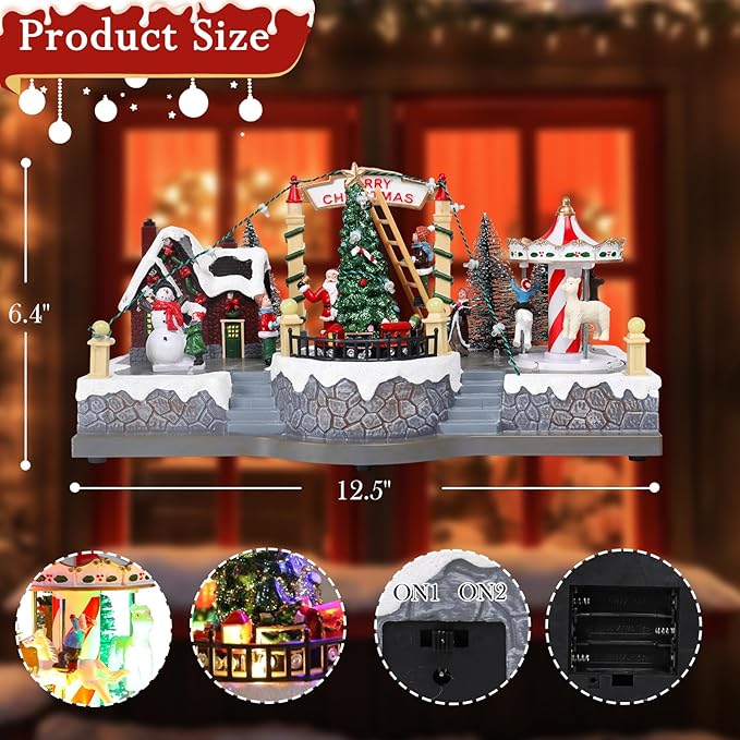 Christmas Village House Musical Christmas Collectible Buildings Rotation Train Carousel Tree in Park with LED Lights Vacation Village with USB Indoor Figurines Indoor Tabletop Decoration