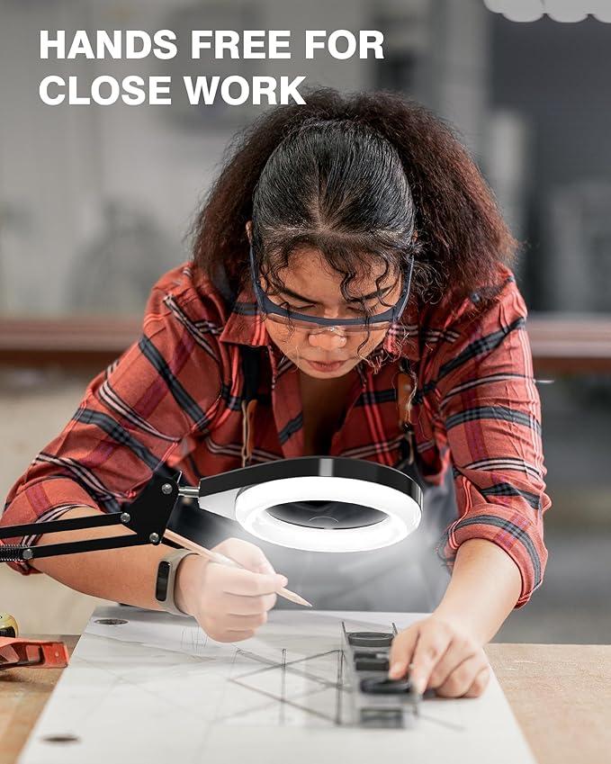 Magnifying Glass with Light, 10X & 5X Real Glass & Anti-Glare Lens, 5 Color Mode Stepless Dimmable LED Desk Magnifying Lamp, Hands-Free Desk Lamp with Clamp for Crafts Reading Repair Hobby (White)