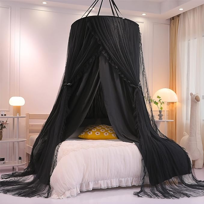 VETHIN Double Layer Princess Round Dome Canopy Bed Curtain for Girls Adults,Children Dreamy Mosquito Net,Cute Bedroom Decoration Castle Play Tent Reading Nook Canopies(Dome-Double Black)
