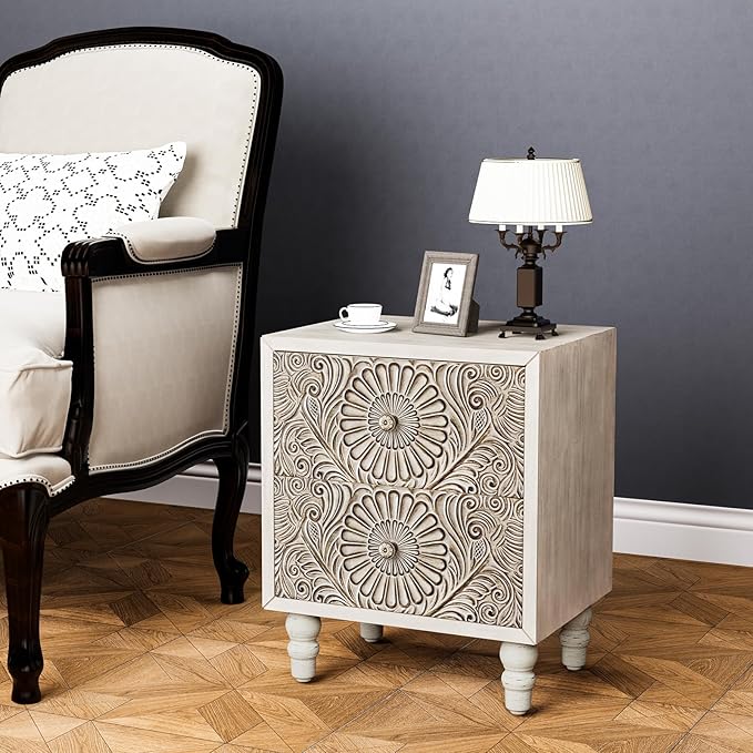 HOMPUS 2-Drawer Farmhouse Nightstand, Fully Assembled Boho Night Stand, Vintage Accent End Table Bedside Table, Small Nightstand Organizer for Bedroom, Laundry, Distress White