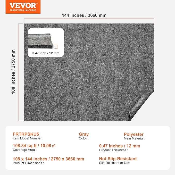 VEVOR Rug Pad Without Slip Resistance, Protective Cushioning Carpet Pad 9' x 12', 1/2" Thick, 100% Pure Polyester Felt, 10-11㎡ Premium Comfort Underfoot Carpet Padding Rug Cushion for All Floor, Gray