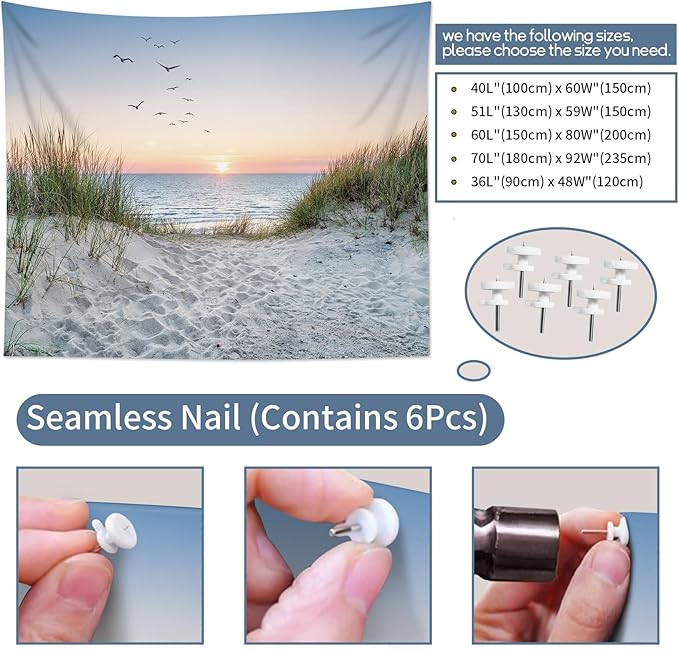 HVEST Ocean Beach Tapestry Wall Hanging, Sunset Seabird and Beach with Grass, Natural Landscape for Bedroom, Living Room, Dorm Decoration, 92.5x70.9 Inches