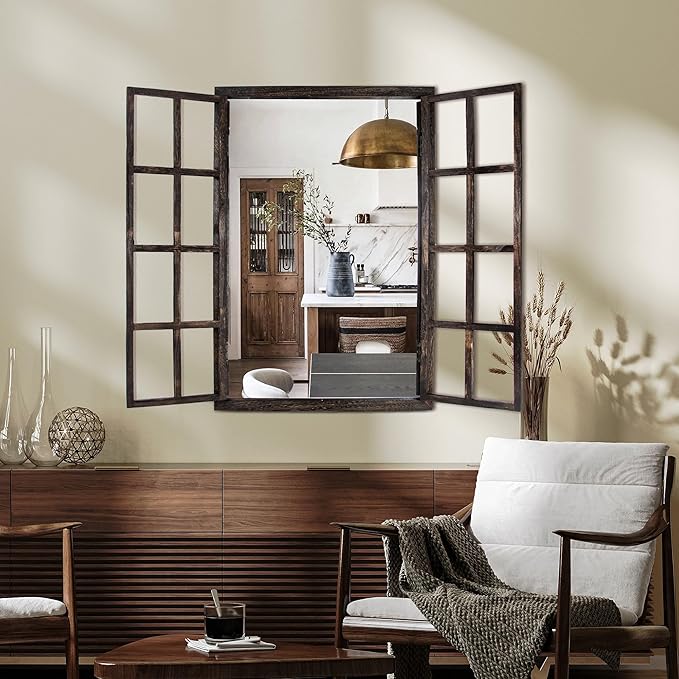 Wall Mirror with Window Design, 38"x26" Rustic Farmhouse Wood Mirror for Wall Decor, Decorative Vintage Mirror for Living Room, Bedroom, Entryway