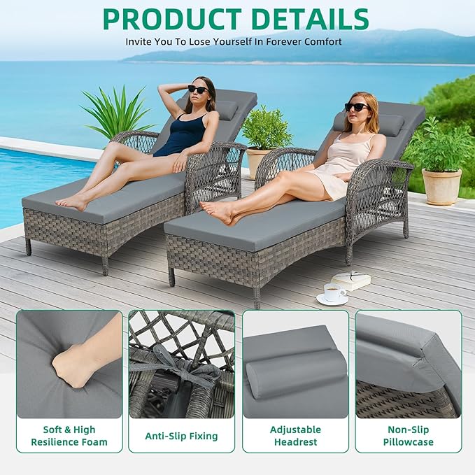 VIVIJASON Outdoor Wicker Chaise Lounge Chair, All-Weather PE Rattan Cushioned Patio Lounger Chair, 6-Position Adjustable Pool Sunbathing Recliner with Armrest & Pillow for Poolside Deck Yard, Gray