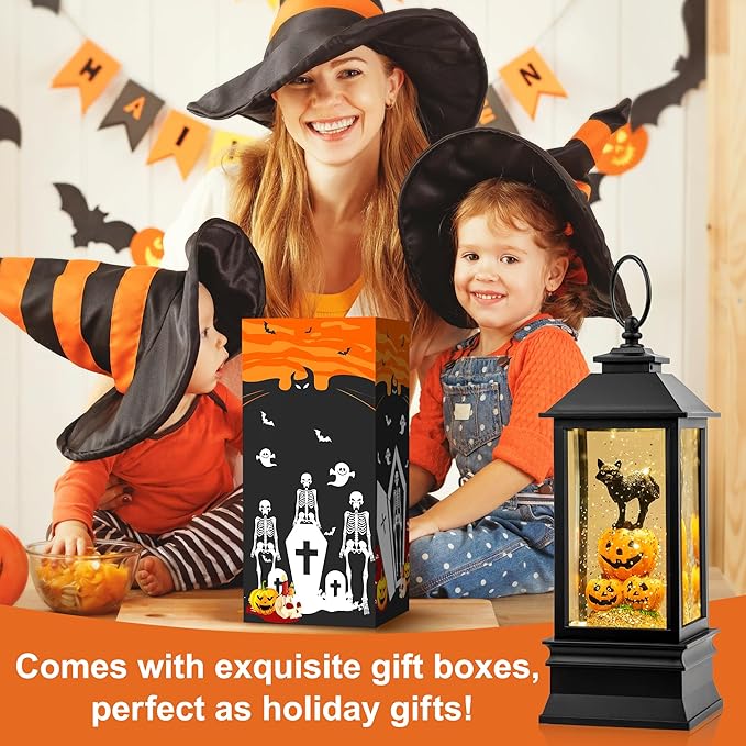 10'' Halloween Snow Globe Lantern Lighted Musical Water Lantern Spooky Pumpkin and Witch' s Black Cat Combo with Swirling Glitter, Battery Operated or USB Powered
