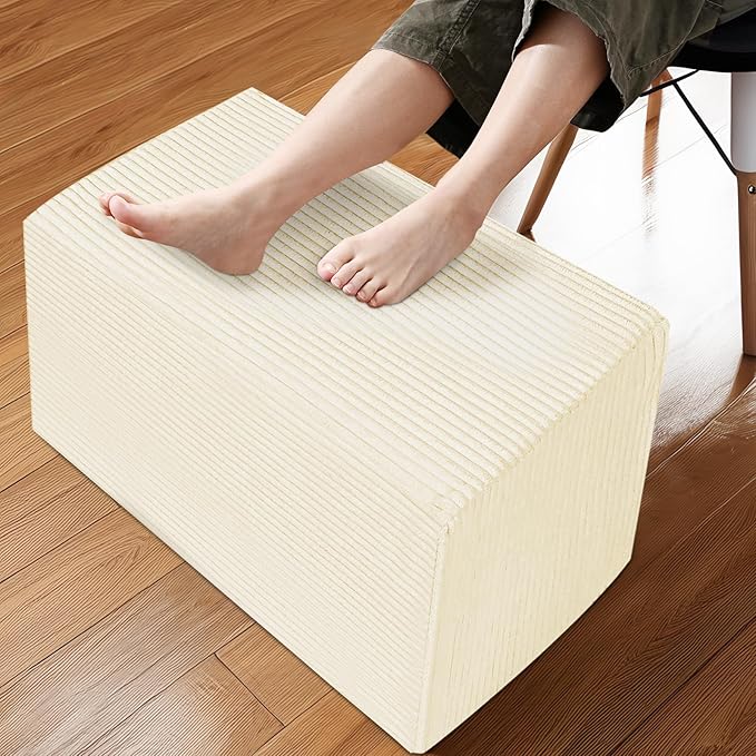 Rectangular Stuffed Pouf Ottoman with Foam Chunk Filling, Coral Fleece and Furry Fabric Design, Multi-Functional Floor Pouf for Living Room, Beige