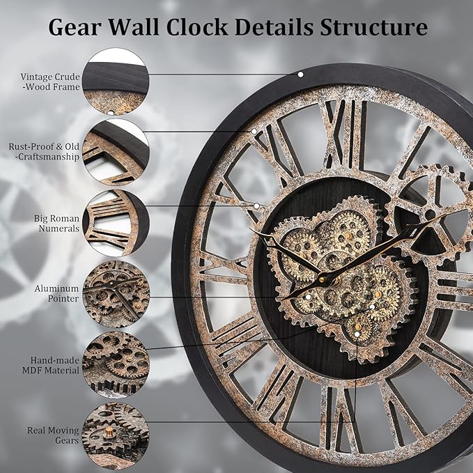 HOIBAI Wall Clock, Large Wall Clocks for Living Room Decor 18 Inch Battery Operated Silent Non-Ticking Modern Farmhouse Vintage Roman Big Wall Clock for Home Bedroom House, Moving Gears Clock