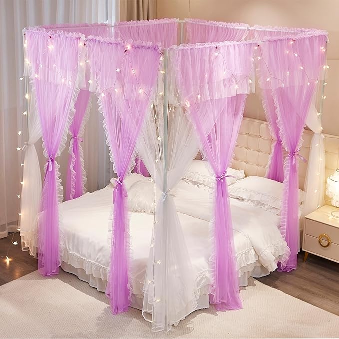 4 Corners Post Princess Curtains Bed Canopy for Girls 8 Panels Curtain- Double Layer Sheer Mesh Canopies Drapes Girls Room Decor (8P-Purple/White, 4P(43"x82") W+4P(43"x82") L/(King))